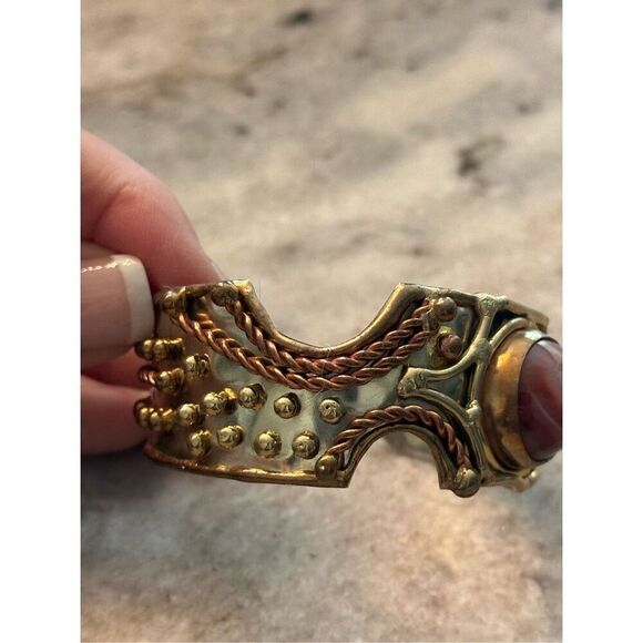 Artisan mixed metal cuff bracelet with crystal - Picture 3 of 9